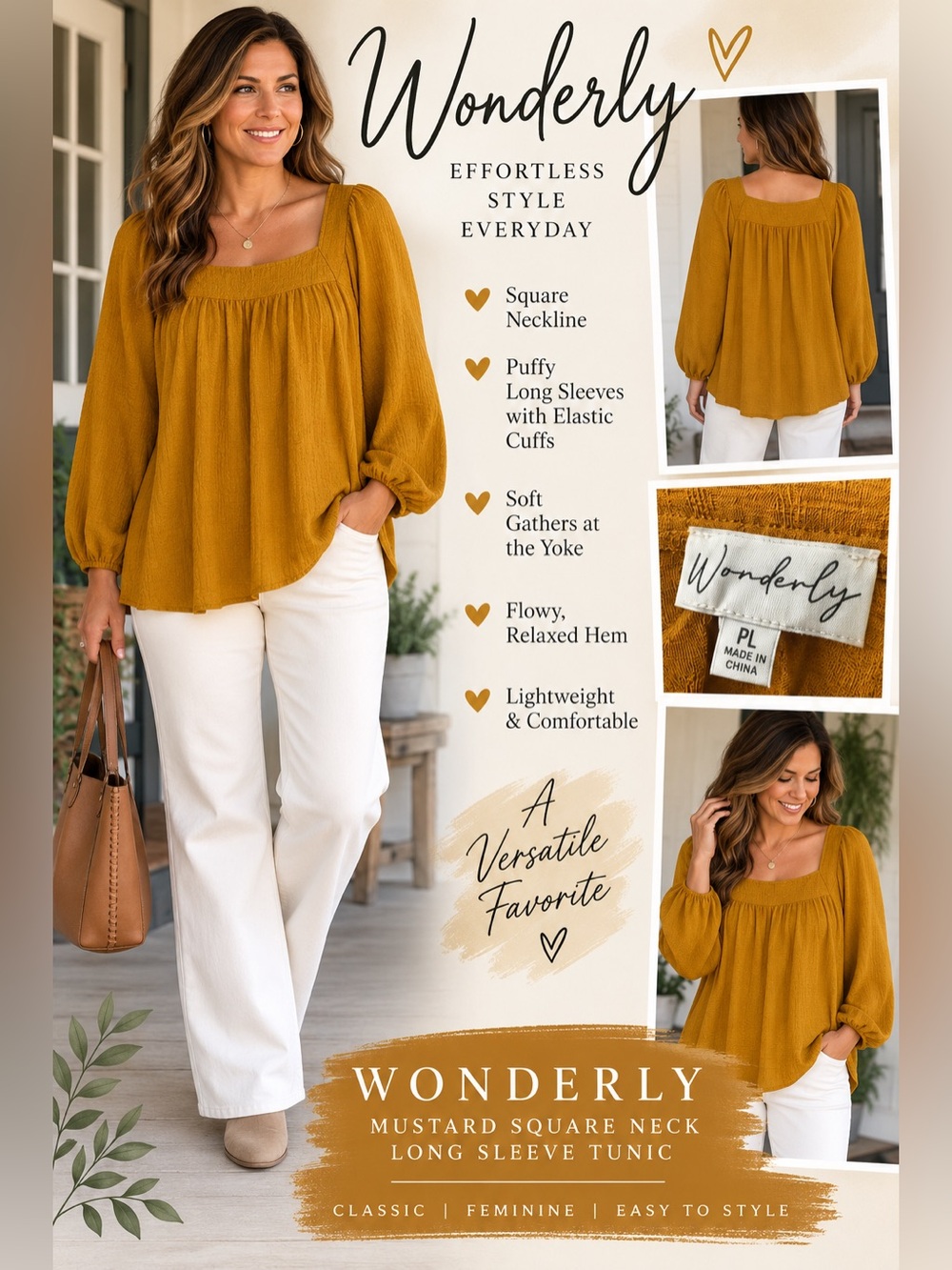 Wonderly Mustard Square Neck Long Sleeve Tunic